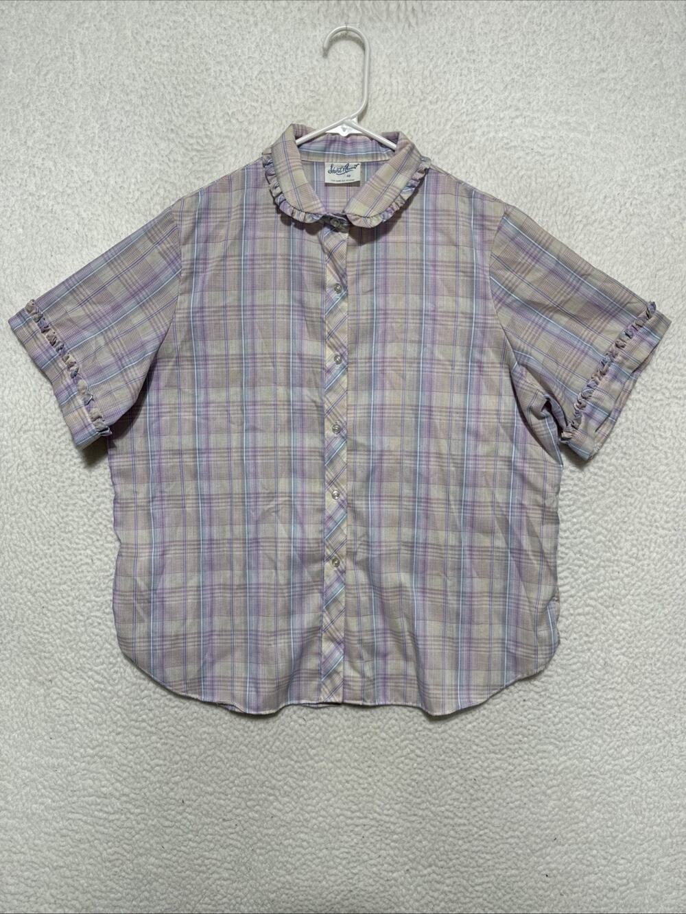 VTG 80’s Shirt Accent Brand Plaid Short Sleeve Cottagecore Blouse Women’s XL